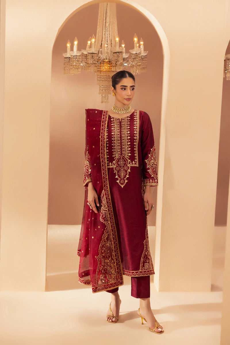Heer Luxe Premium Raw Silk Eid Collection 3 Piece Suit Maroon D3