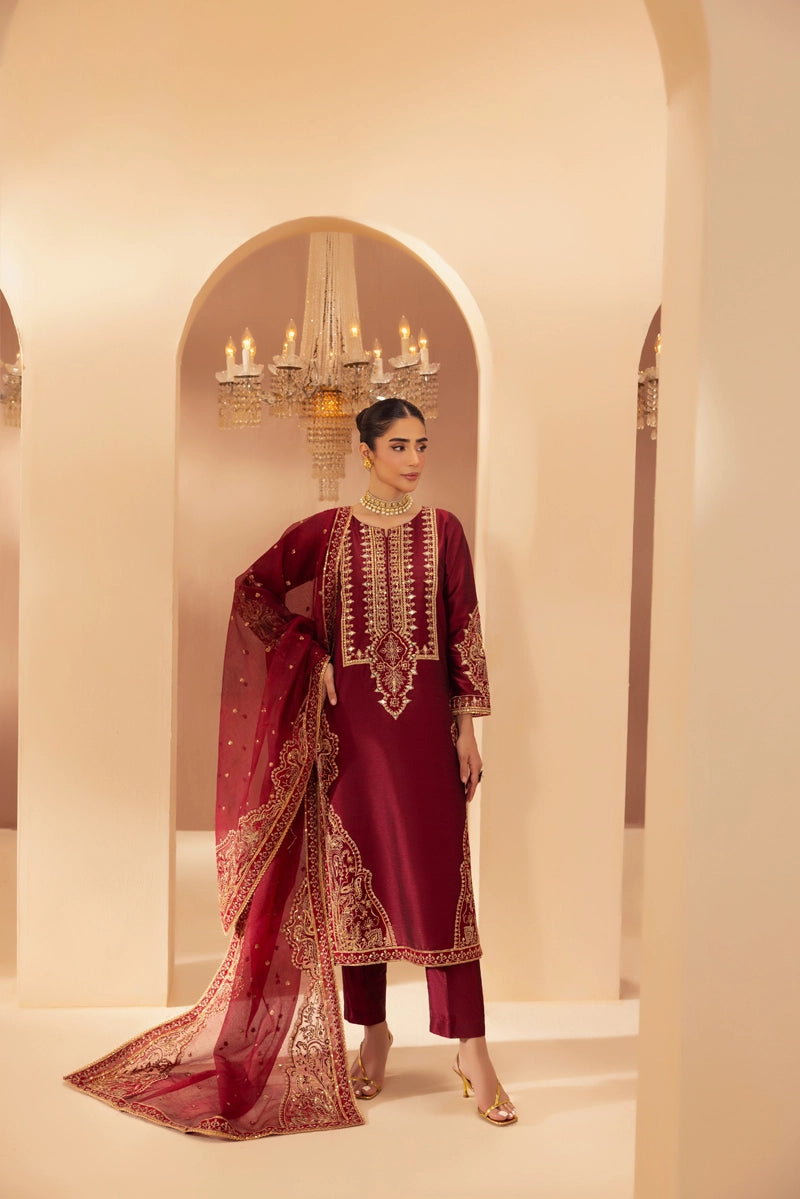 Heer Luxe Premium Raw Silk Eid Collection 3 Piece Suit Maroon D3