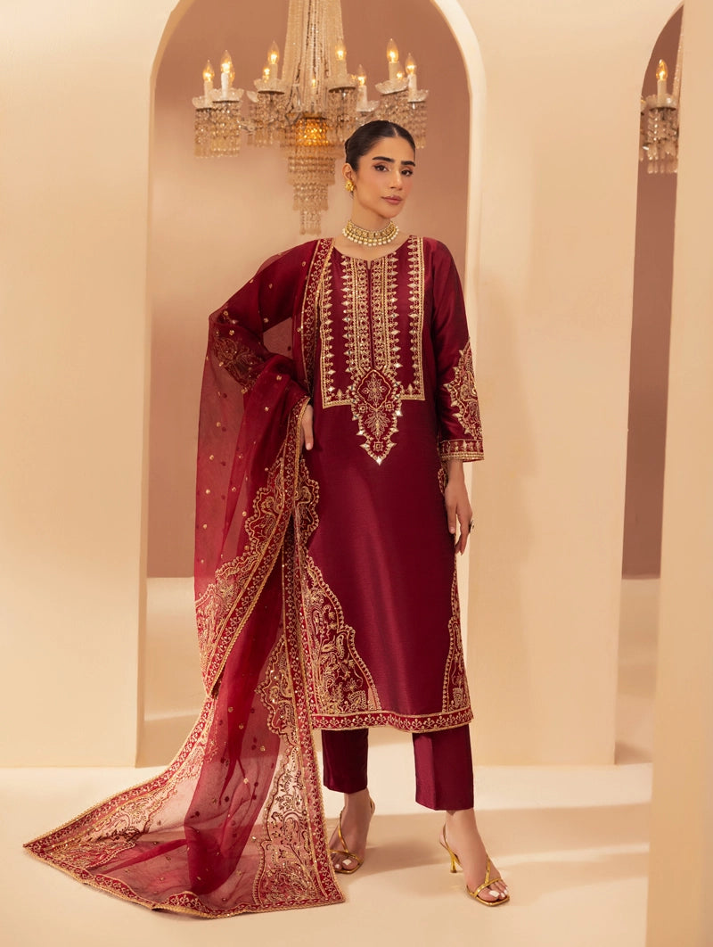 Heer Luxe Premium Raw Silk Eid Collection 3 Piece Suit Maroon D3