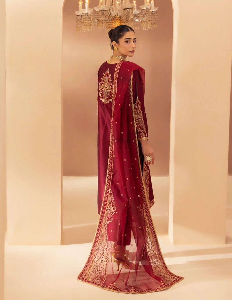 Heer Luxe Premium Raw Silk Eid Collection 3 Piece Suit Maroon D3