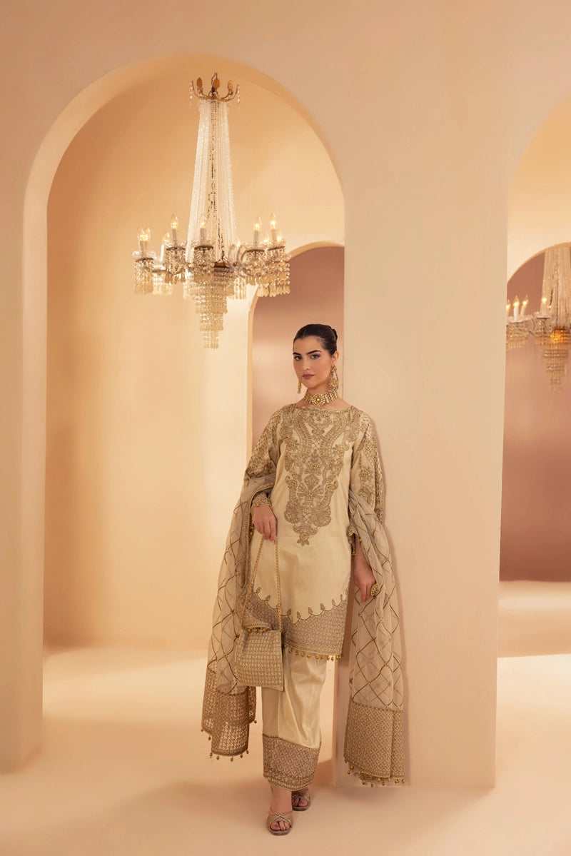 Heer Luxe Premium Raw Silk Eid Collection 3 Piece Suit Beige D2