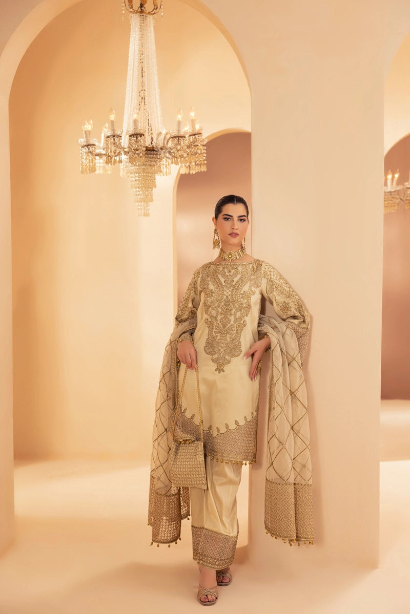 Heer Luxe Premium Raw Silk Eid Collection 3 Piece Suit Beige D2