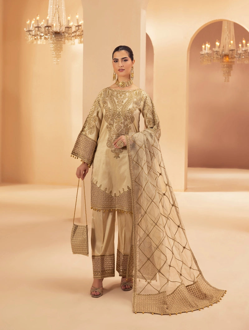 Heer Luxe Premium Raw Silk Eid Collection 3 Piece Suit Beige D2