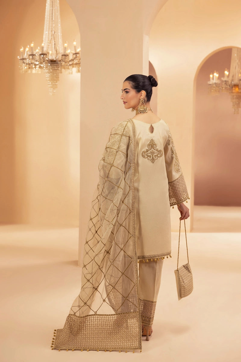 Heer Luxe Premium Raw Silk Eid Collection 3 Piece Suit Beige D2