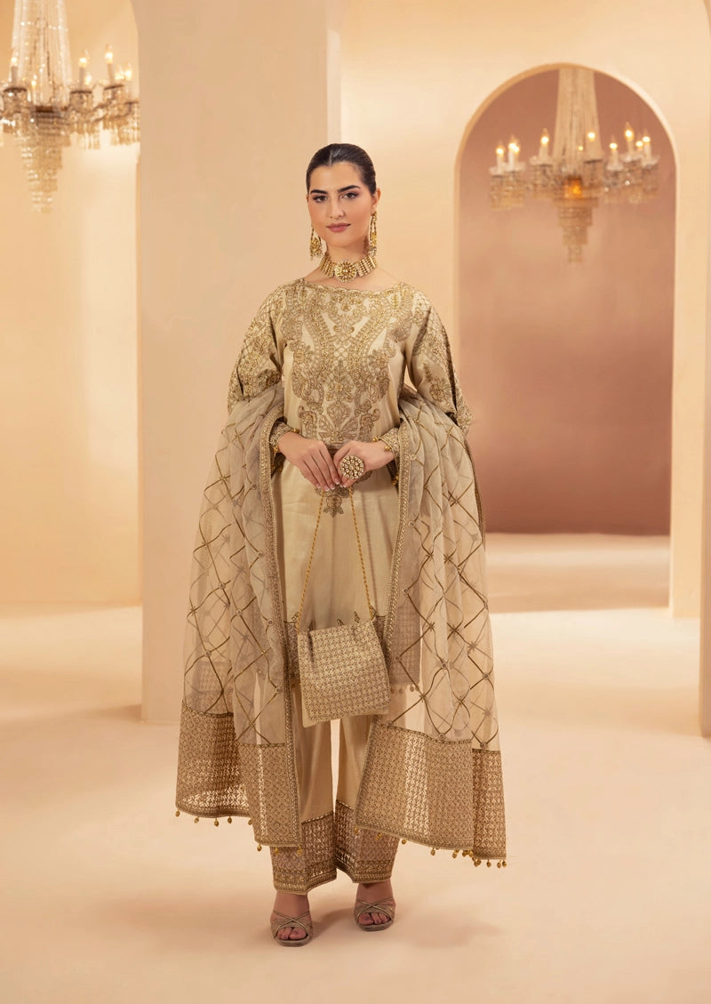 Heer Luxe Premium Raw Silk Eid Collection 3 Piece Suit Beige D2