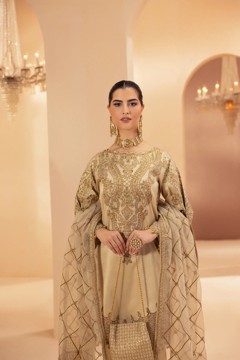 Heer Luxe Premium Raw Silk Eid Collection 3 Piece Suit Beige D2