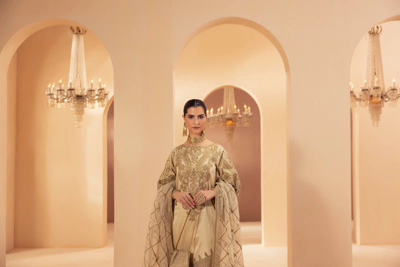 Heer Luxe Premium Raw Silk Eid Collection 3 Piece Suit Beige D2