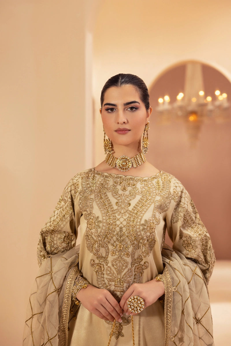 Heer Luxe Premium Raw Silk Eid Collection 3 Piece Suit Beige D2