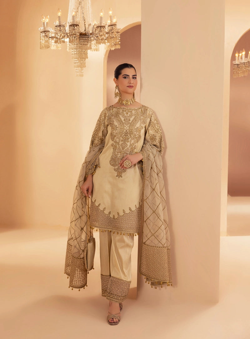 Heer Luxe Premium Raw Silk Eid Collection 3 Piece Suit Beige D2