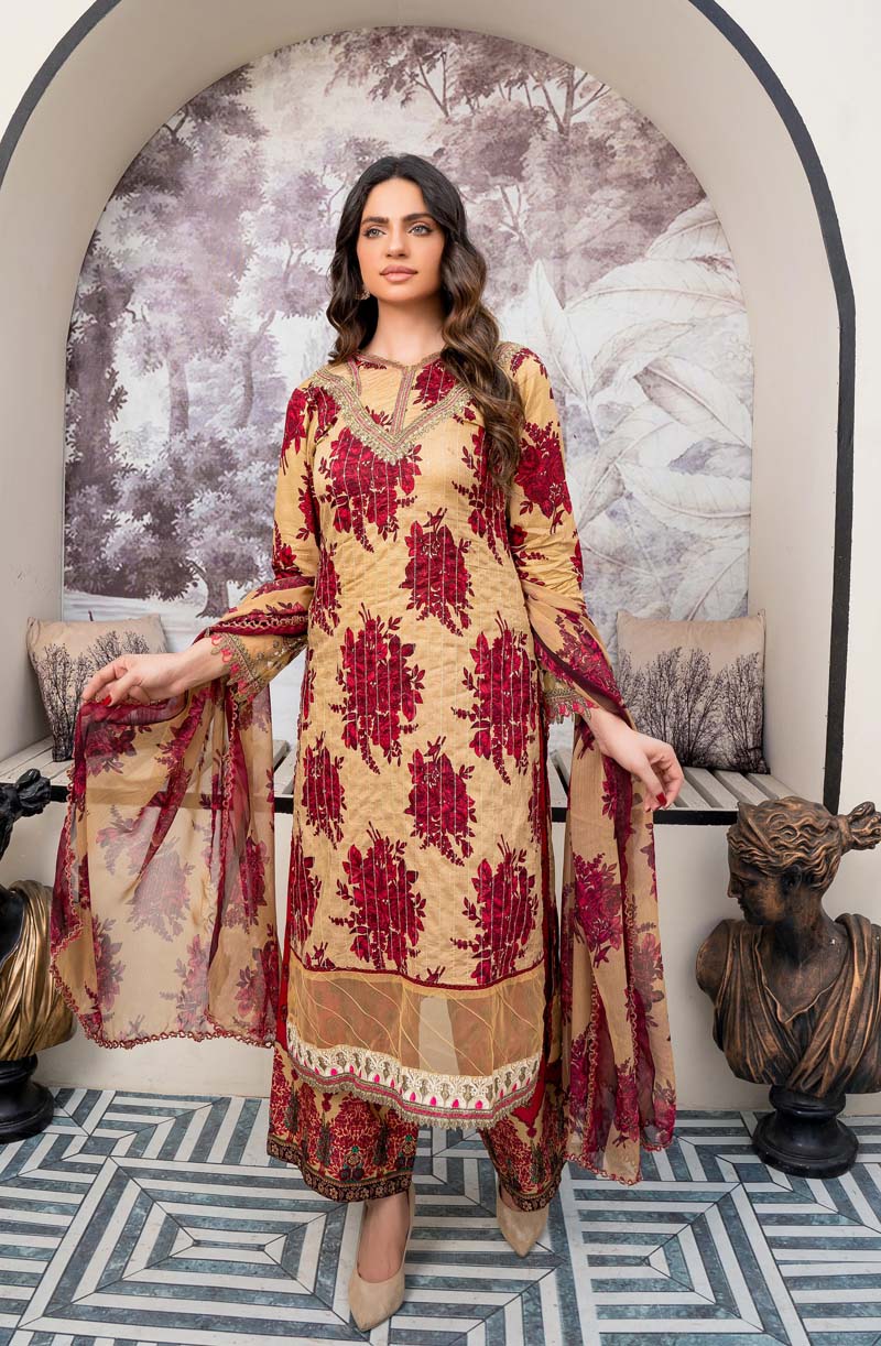 Maria B M-Prints Inspired 3 Piece Lawn Long Kameez Beige Outfit - Desi Posh