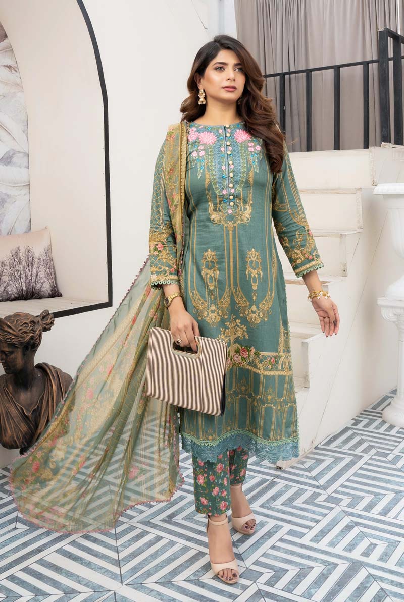 Maria B M-Prints Inspired 3 Piece Lawn Long Kameez Green Outfit