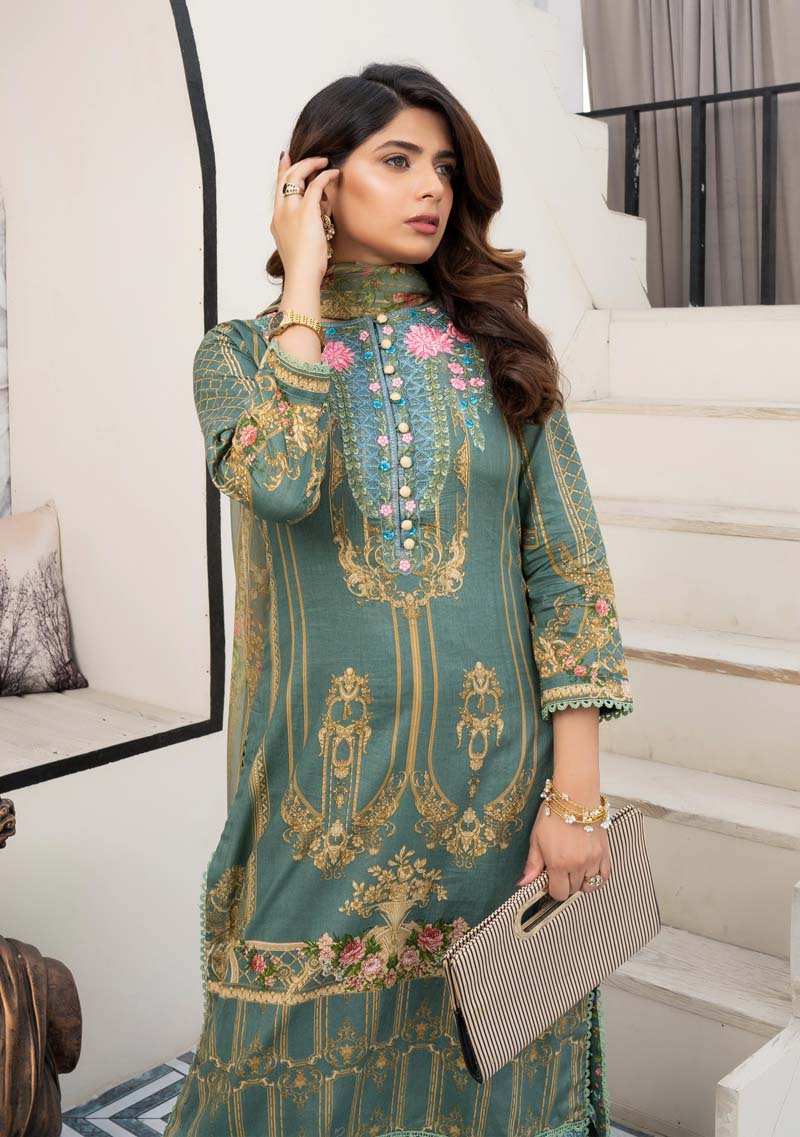 Maria B M-Prints Inspired 3 Piece Lawn Long Kameez Green Outfit