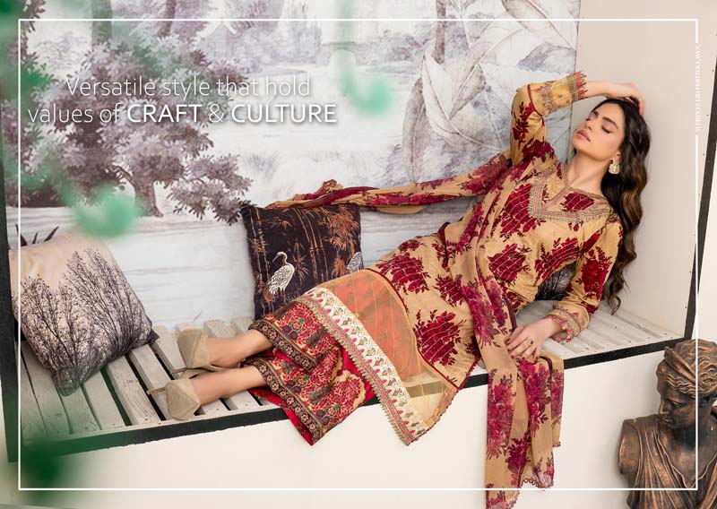 Maria B M-Prints Inspired 3 Piece Lawn Long Kameez Beige Outfit - Desi Posh