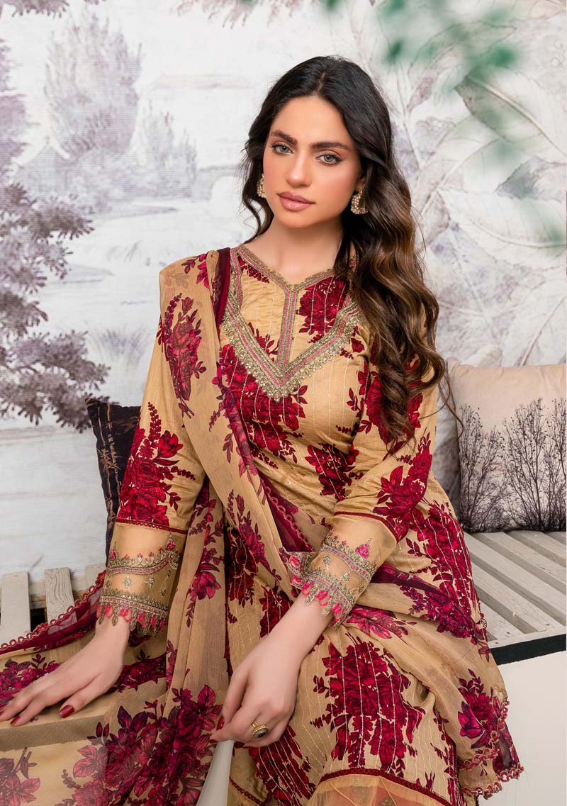 Maria B M-Prints Inspired 3 Piece Lawn Long Kameez Beige Outfit - Desi Posh
