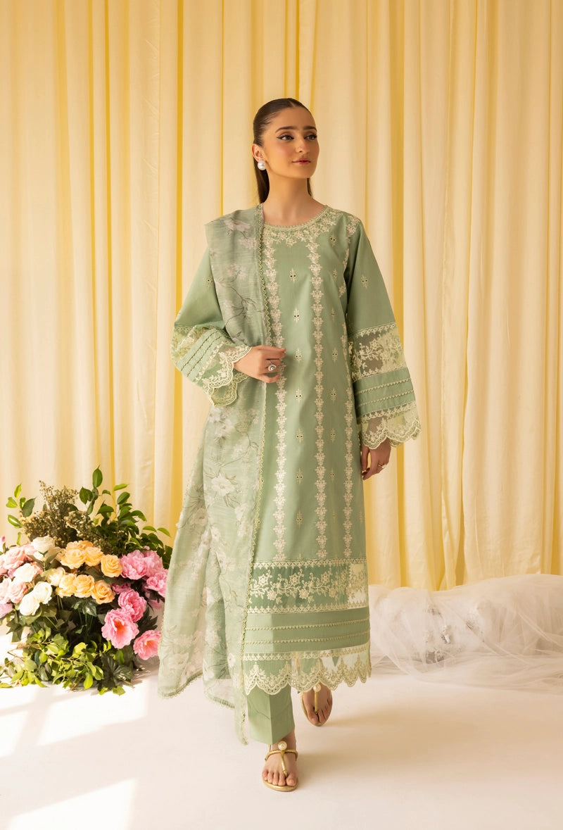 Dania Chikan Kari Luxe 3 Piece Cotton Lawn Eid Outfit Mint Green
