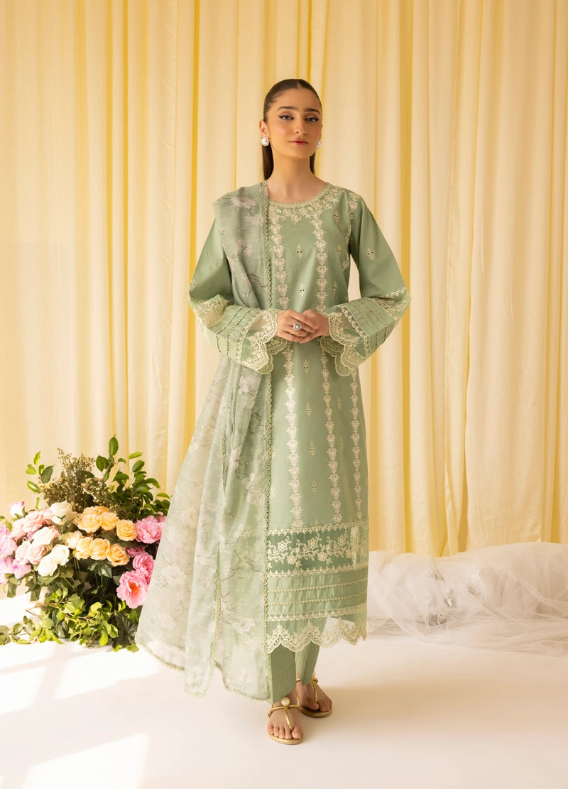 Dania Chikan Kari Luxe 3 Piece Cotton Lawn Eid Outfit Mint Green