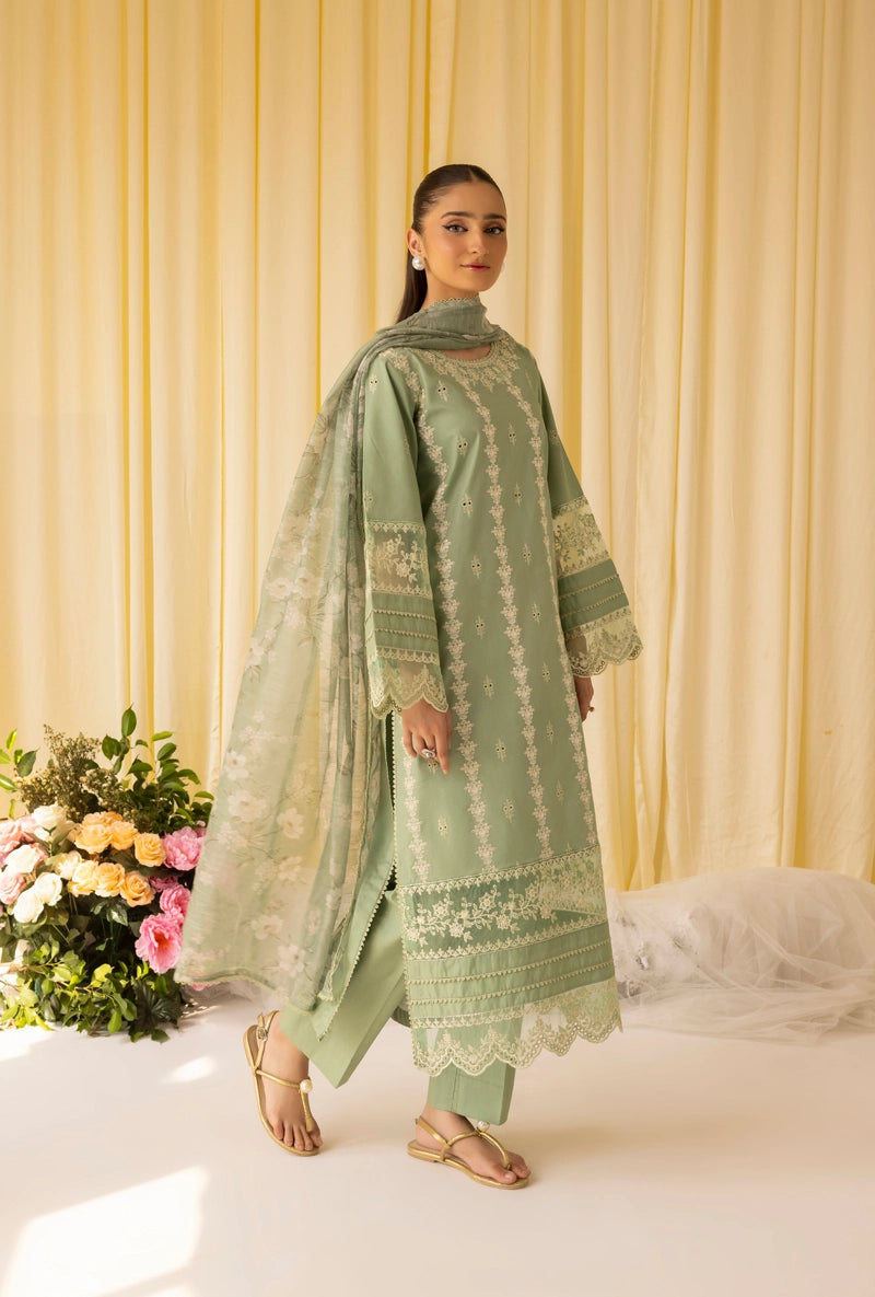 Dania Chikan Kari Luxe 3 Piece Cotton Lawn Eid Outfit Mint Green