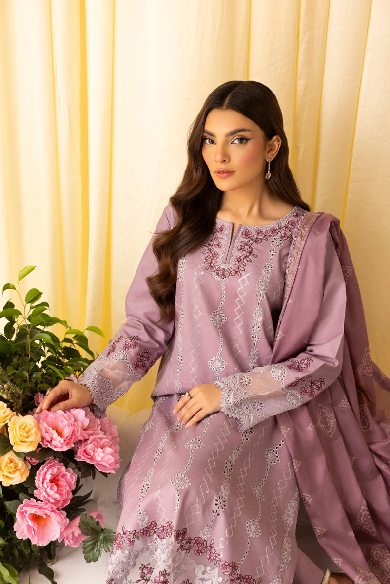 Dania Chikan Kari Luxe 3 Piece Cotton Lawn Eid Outfit Lilac