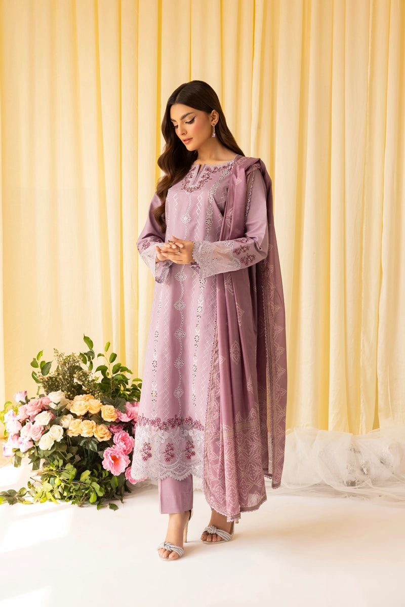 Dania Chikan Kari Luxe 3 Piece Cotton Lawn Eid Outfit Lilac