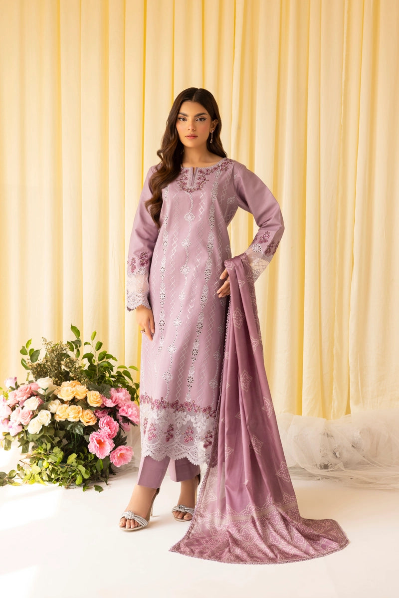 Dania Chikan Kari Luxe 3 Piece Cotton Lawn Eid Outfit Lilac