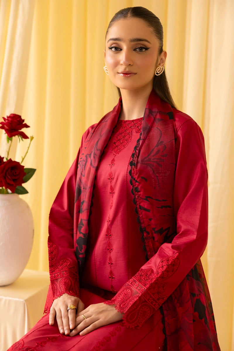 Dania Chikan Kari Luxe 3 Piece Cotton Lawn Eid Outfit Red