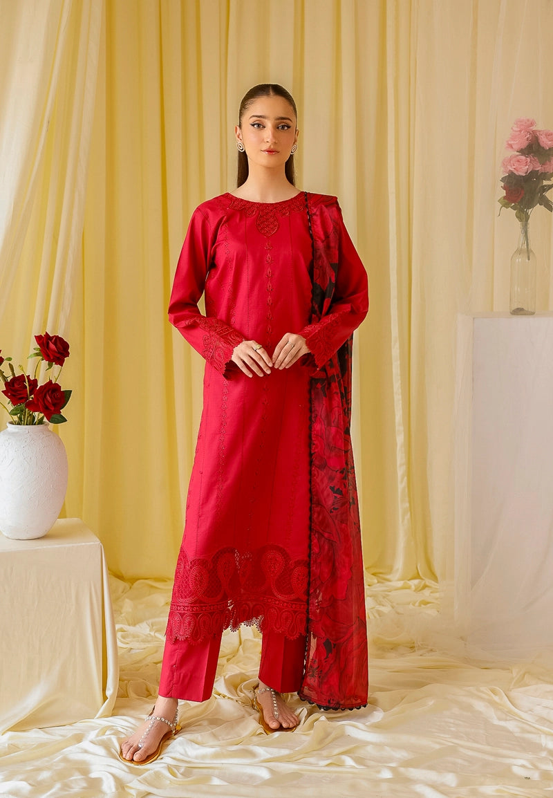 Dania Chikan Kari Luxe 3 Piece Cotton Lawn Eid Outfit Red