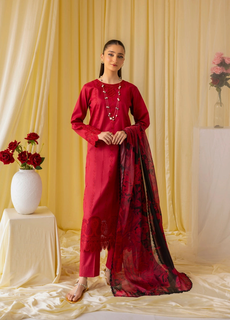 Dania Chikan Kari Luxe 3 Piece Cotton Lawn Eid Outfit Red