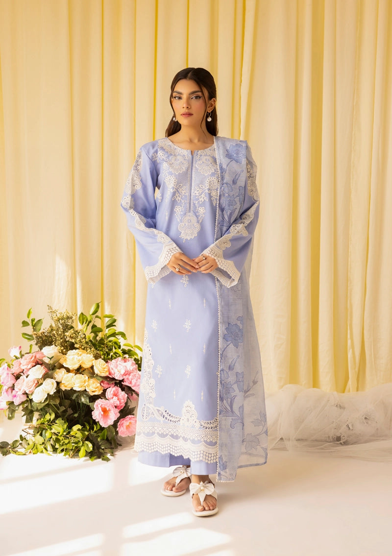 Dania Chikan Kari Luxe 3 Piece Cotton Lawn Eid Outfit Sky Blue