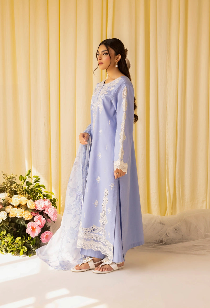 Dania Chikan Kari Luxe 3 Piece Cotton Lawn Eid Outfit Sky Blue