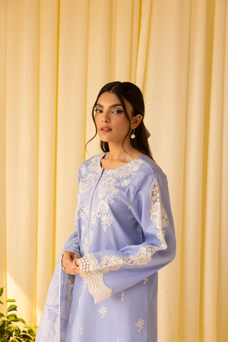 Dania Chikan Kari Luxe 3 Piece Cotton Lawn Eid Outfit Sky Blue