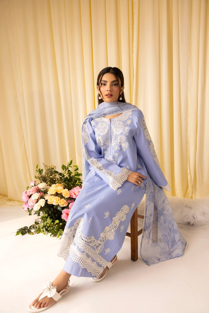 Dania Chikan Kari Luxe 3 Piece Cotton Lawn Eid Outfit Sky Blue