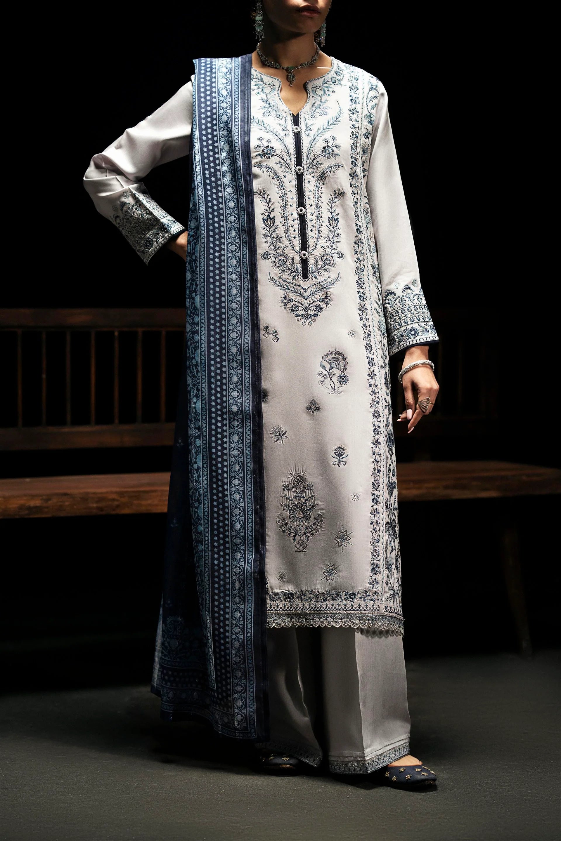 Boutique Eid Collection Celestial Frost Embroidered Viscose Suit - Desi Posh