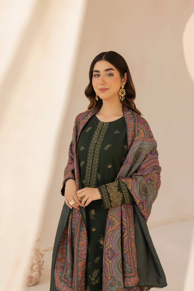 Rozana Dhanak Winter Collection Royal Emerald 3 Piece Embroidered Suit