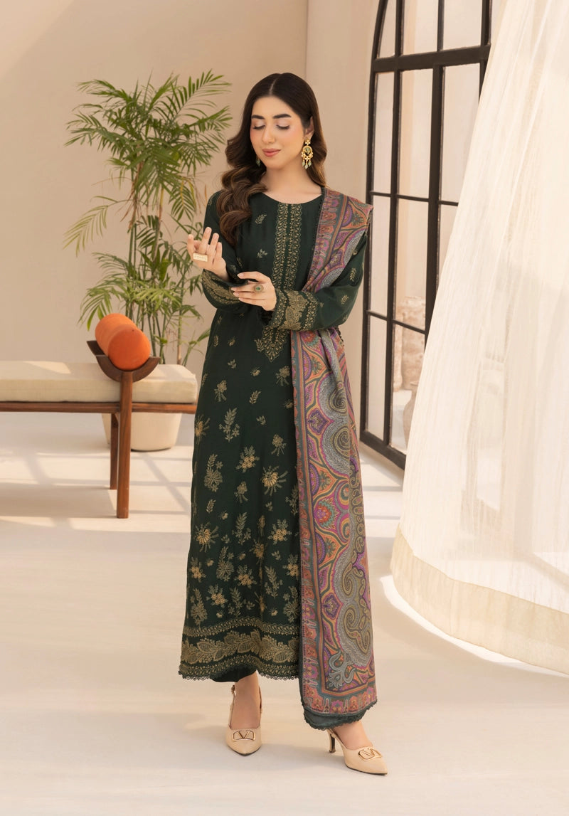 Rozana Dhanak Winter Collection Royal Emerald 3 Piece Embroidered Suit