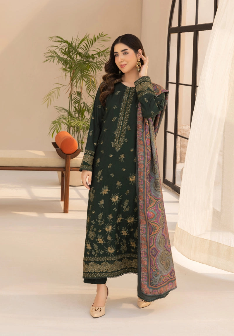 Rozana Dhanak Winter Collection Royal Emerald 3 Piece Embroidered Suit
