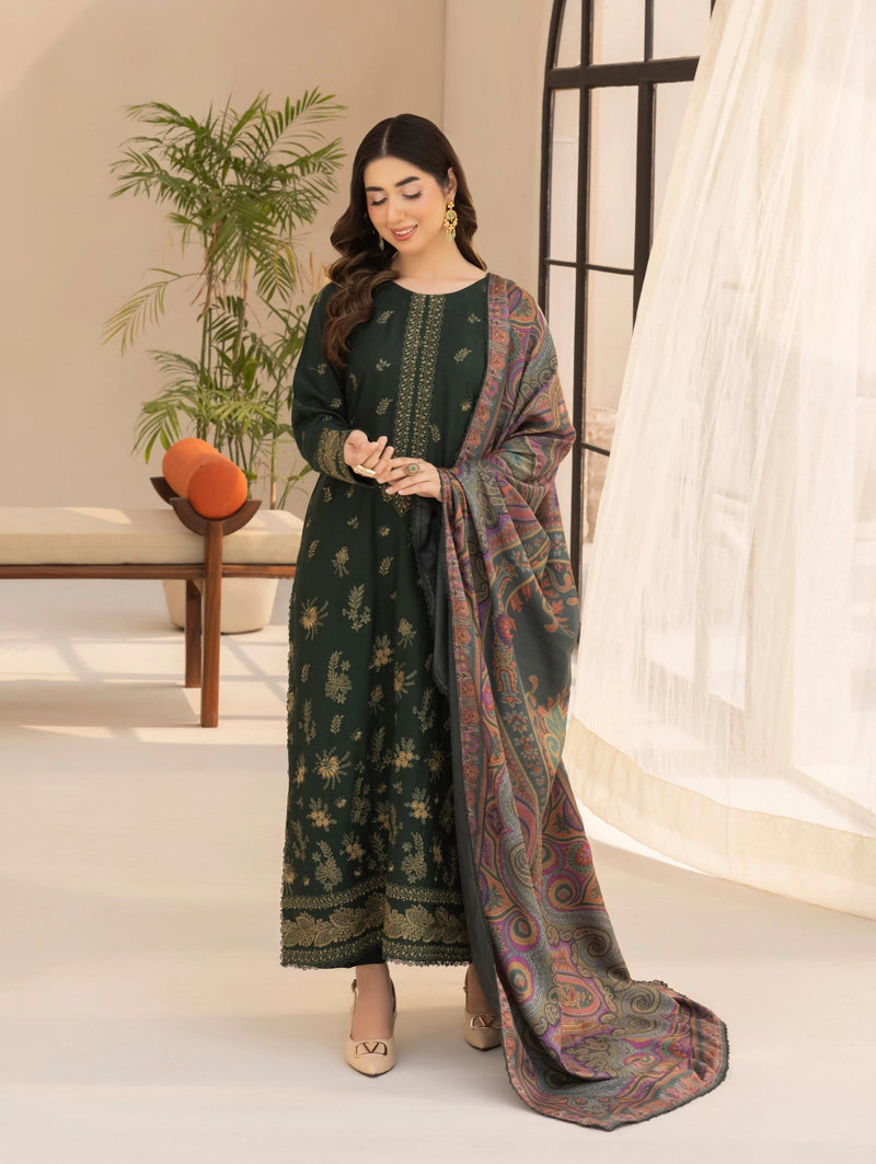 Rozana Dhanak Winter Collection Royal Emerald 3 Piece Embroidered Suit