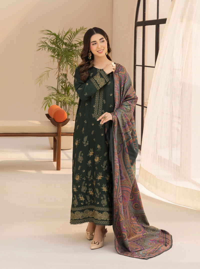 Rozana Dhanak Winter Collection Royal Emerald 3 Piece Embroidered Suit