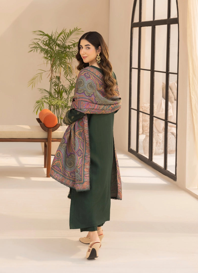 Rozana Dhanak Winter Collection Royal Emerald 3 Piece Embroidered Suit