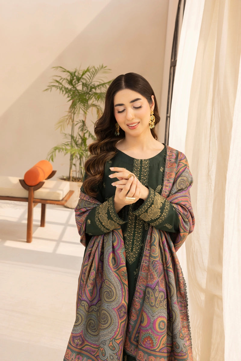 Rozana Dhanak Winter Collection Royal Emerald 3 Piece Embroidered Suit