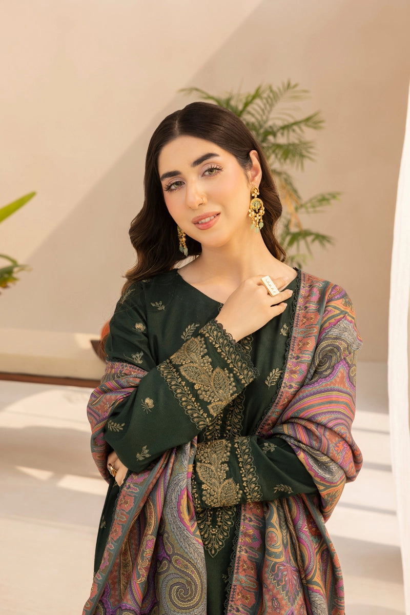 Rozana Dhanak Winter Collection Royal Emerald 3 Piece Embroidered Suit