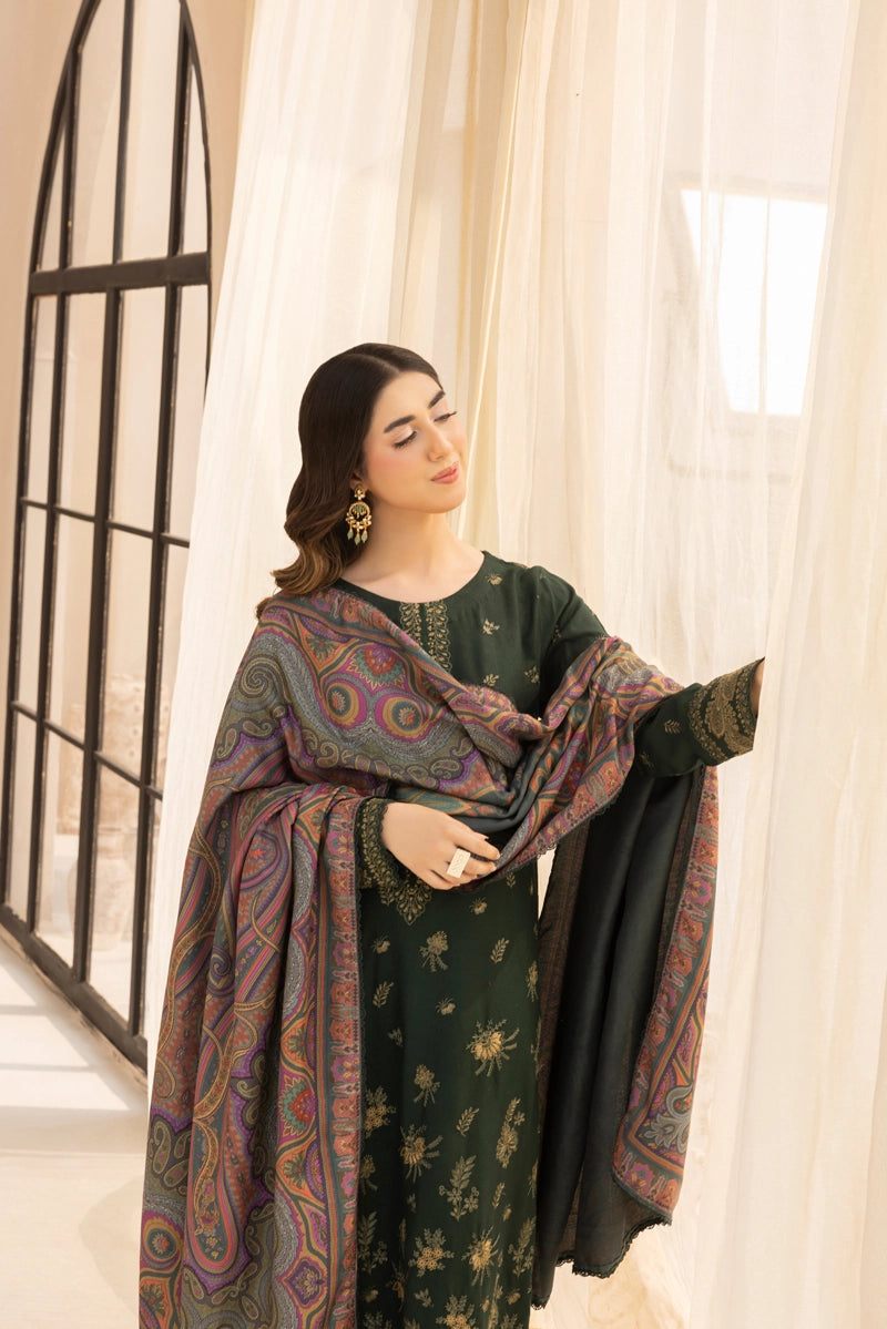 Rozana Dhanak Winter Collection Royal Emerald 3 Piece Embroidered Suit