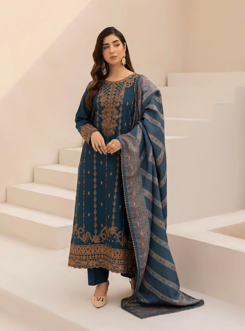 Rozana Dhanak Winter Collection Teal Radiance 3 Piece Embroidered Suit