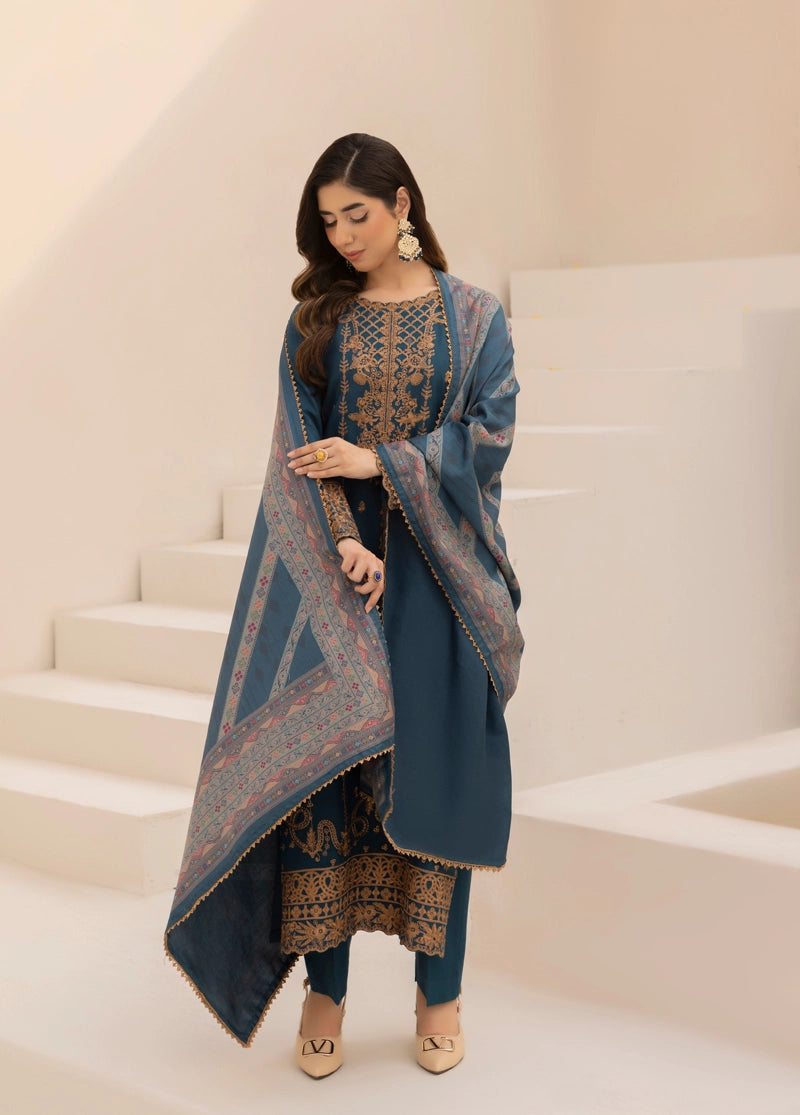 Rozana Dhanak Winter Collection Teal Radiance 3 Piece Embroidered Suit