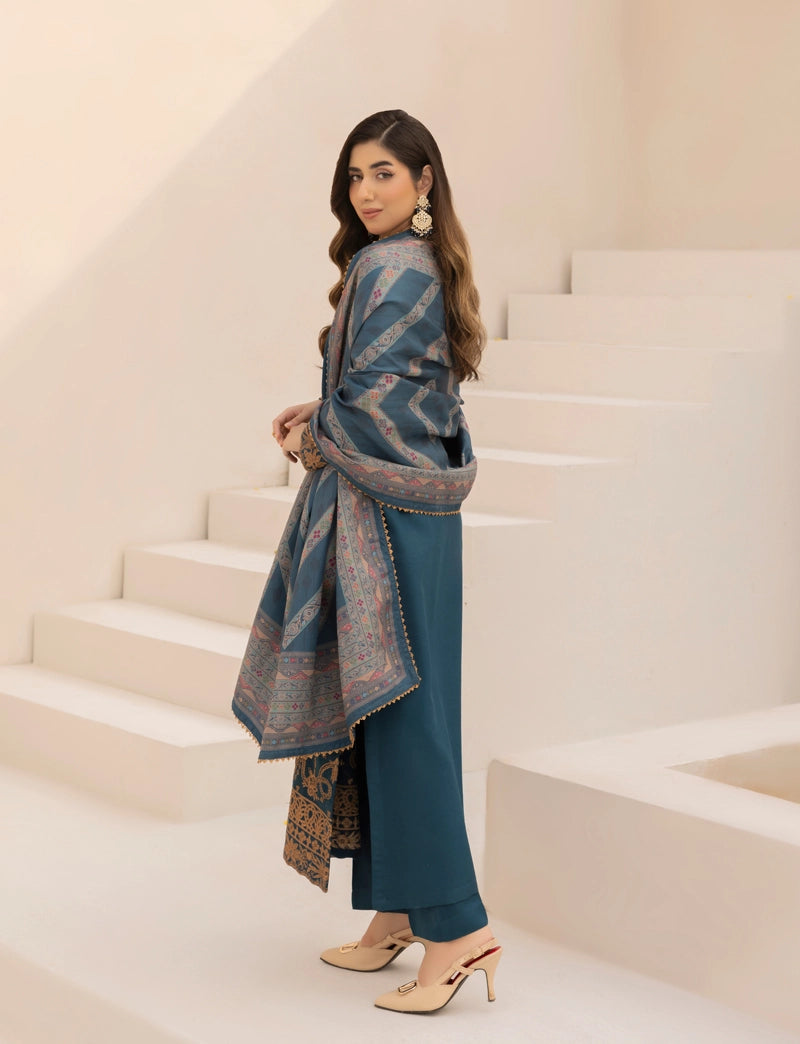 Rozana Dhanak Winter Collection Teal Radiance 3 Piece Embroidered Suit