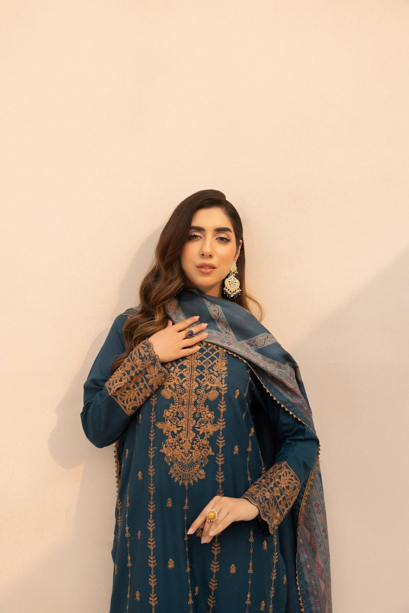 Rozana Dhanak Winter Collection Teal Radiance 3 Piece Embroidered Suit