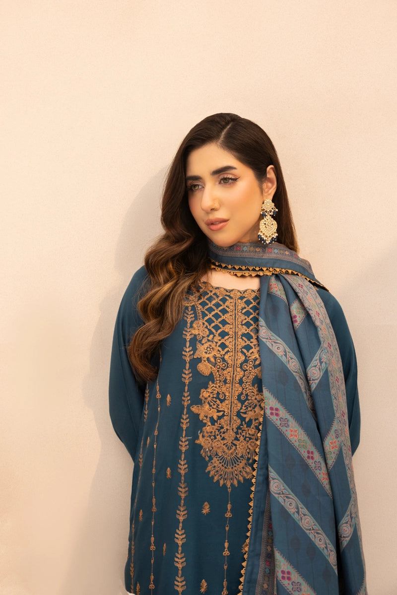 Rozana Dhanak Winter Collection Teal Radiance 3 Piece Embroidered Suit