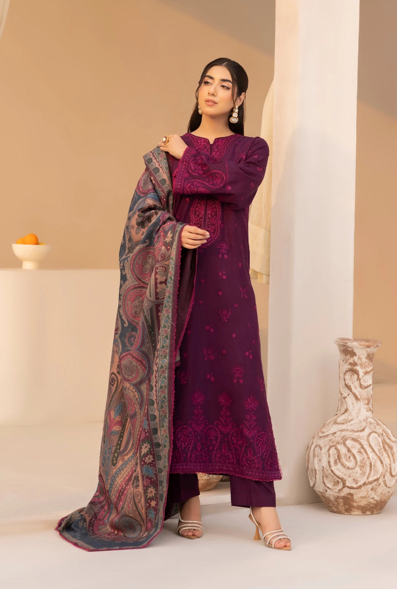 Rozana Dhanak Winter Collection Sapphire Bloom 3 Piece Embroidered Suit