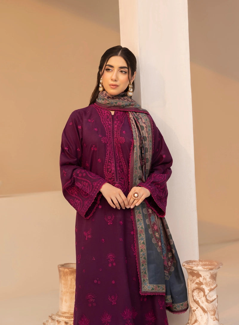 Rozana Dhanak Winter Collection Sapphire Bloom 3 Piece Embroidered Suit