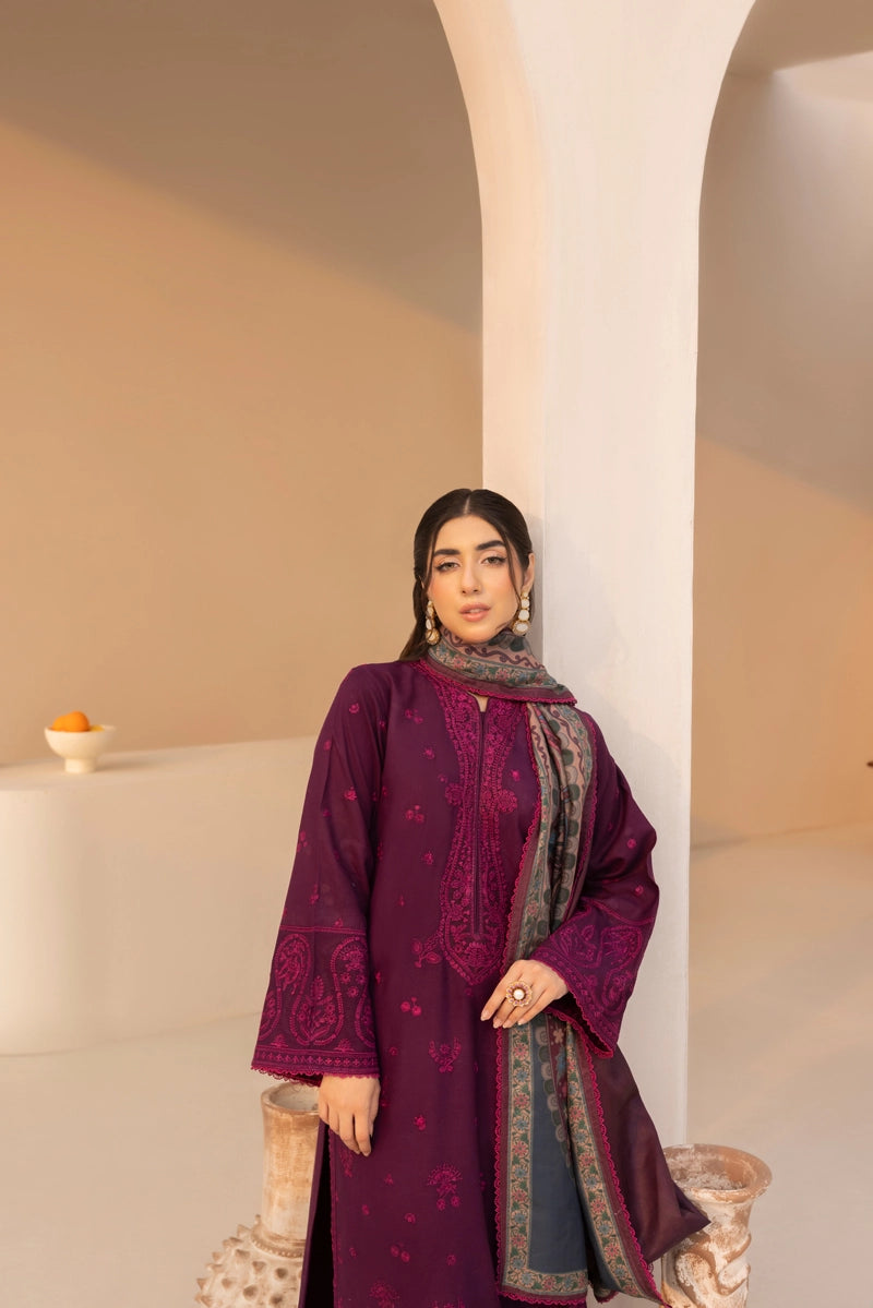 Rozana Dhanak Winter Collection Sapphire Bloom 3 Piece Embroidered Suit