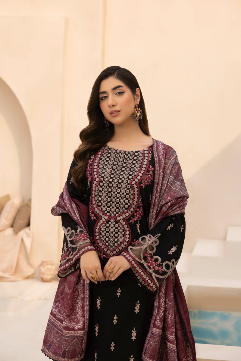 Rozana Dhanak Winter Collection Midnight Rose 3 Piece Embroidered Suit
